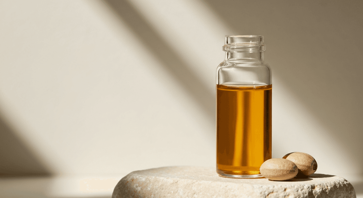 Vial of cold-pressed amber baobab oil with seeds beside it