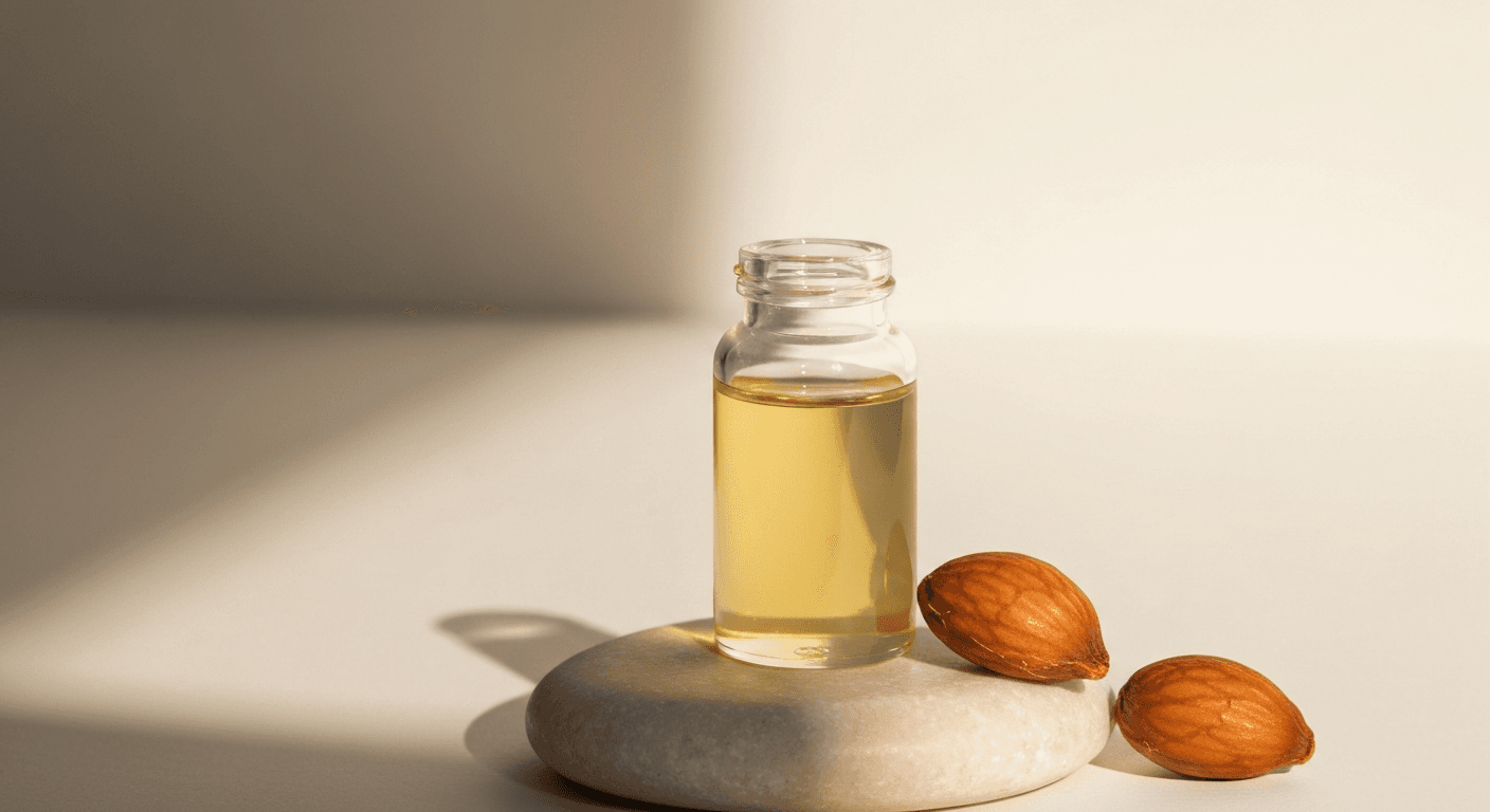 Vial of cold-pressed mango kernel oil with two kernels beside it