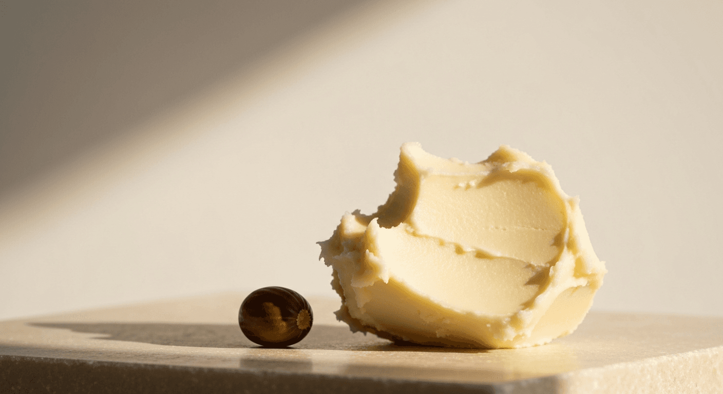 Scoop of unrefined Grade A shea butter on pale stone